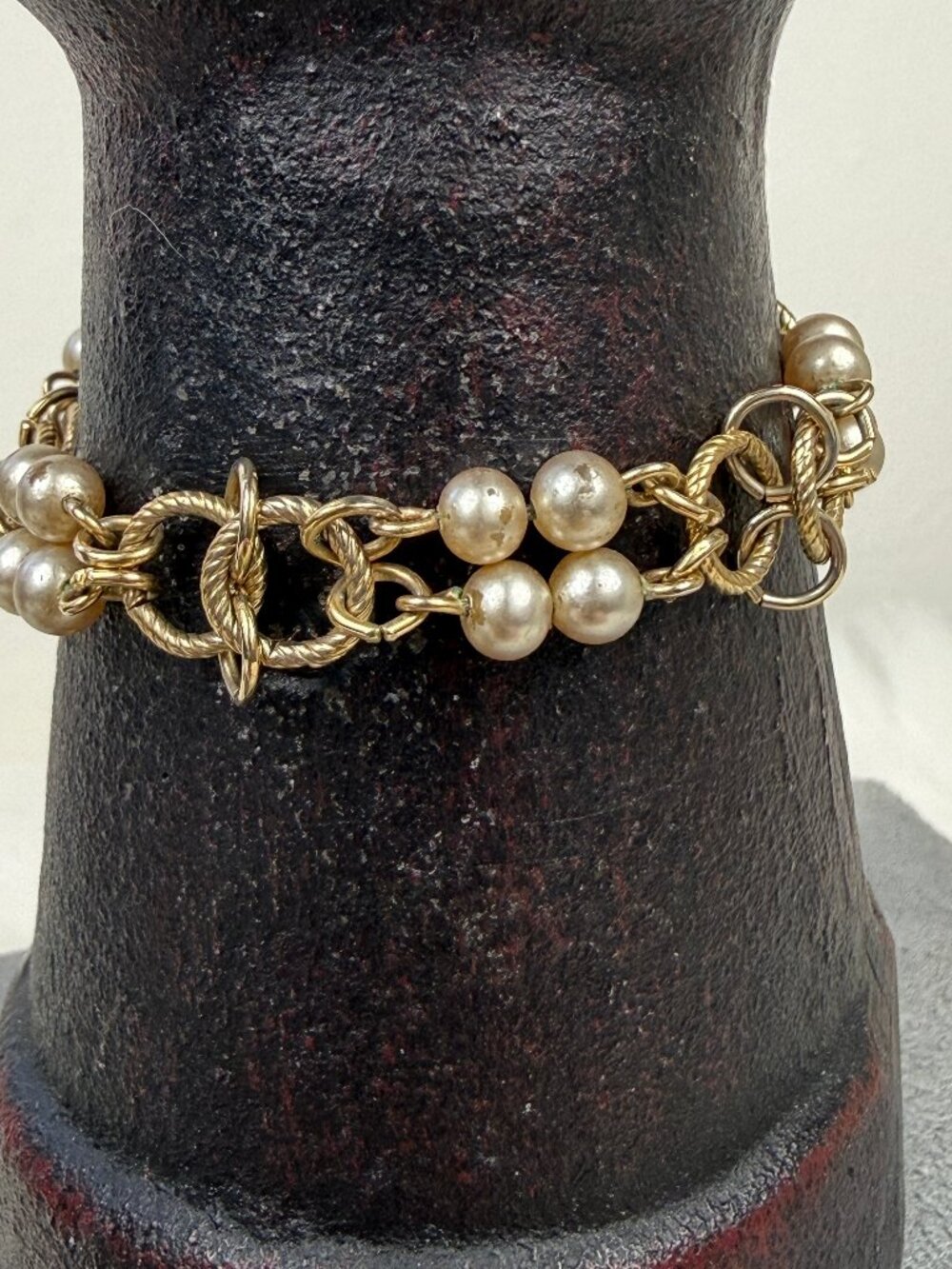 Vintage Goldette Faux Pearl Chain Link Bracelet Gold Tone 7"